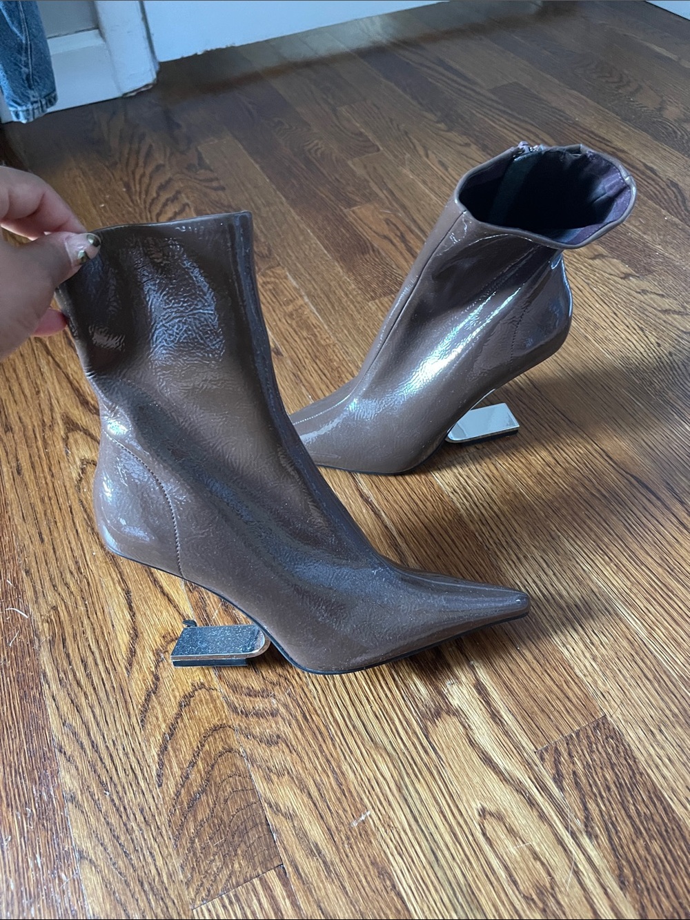 Jeffrey Campbell Glossy Taupe Patent Pointed Ankle Booties